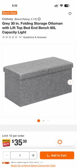 Grey 30 in. Folding Storage Ottoman with Lift Top Bed End Bench 80L Capacity Light