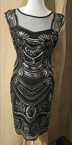 Black Silver Sequin Dress M Art Deco Sheer Mesh Open Back Cocktail Party