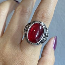 Red stone 925 sterling silver wide band chunky open adjustable ring could fits size 6-10