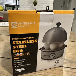 Design Electric Egg Cooker, All Stainless Steel 7 Egg Capacity egg boiler, 360W, Hard, Medium, Soft Boiled Egg Poacher, egg steamer, Multi-function, A