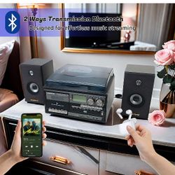 LoopTone Vinyl Record Player with Dual 15W External Speakers 10 in 1 3 Speed Bluetooth Vintage Turntable CD Cassette Player AM/FM Radio USB Recorder A