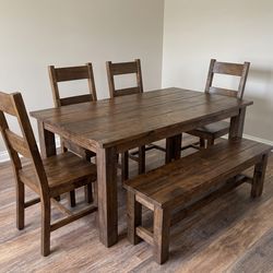 Solid Wood Farmhouse Dining Set – 6-Piece (Table, Bench, 4 Chairs)