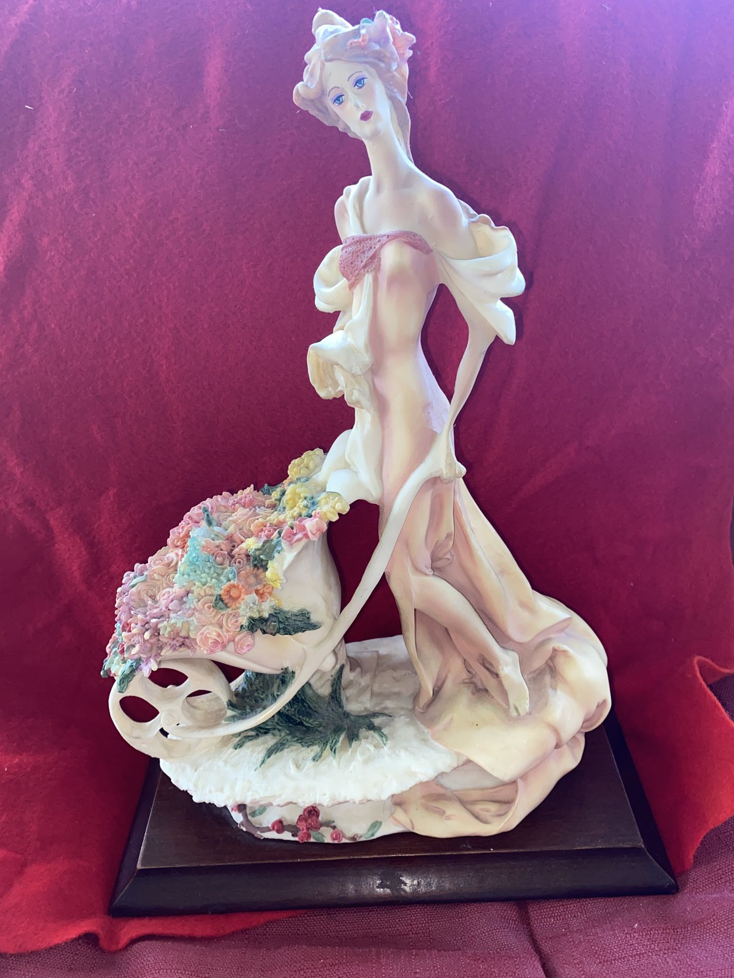 10 inch wide 4 inch length 14 inch tall Spray Brushed Alabaster With Wheelbarrow & Flowers Statue Imported From Greece