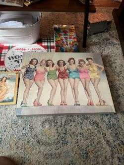 Cutest 50’s Style Canvas And Wood Plaque. Would Look Awesome By Pool Area Or Just In Your Home, Laundry Etc.