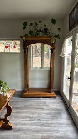 Ornate Carved Wood Display Cabinet with Glass Shelves