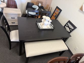 Dark Wood Dining Table Set with Bench and Chairs