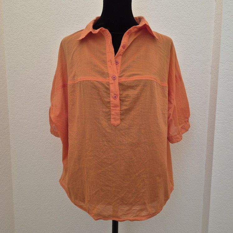 Vibrant Orange Half Button Shirt for Women
