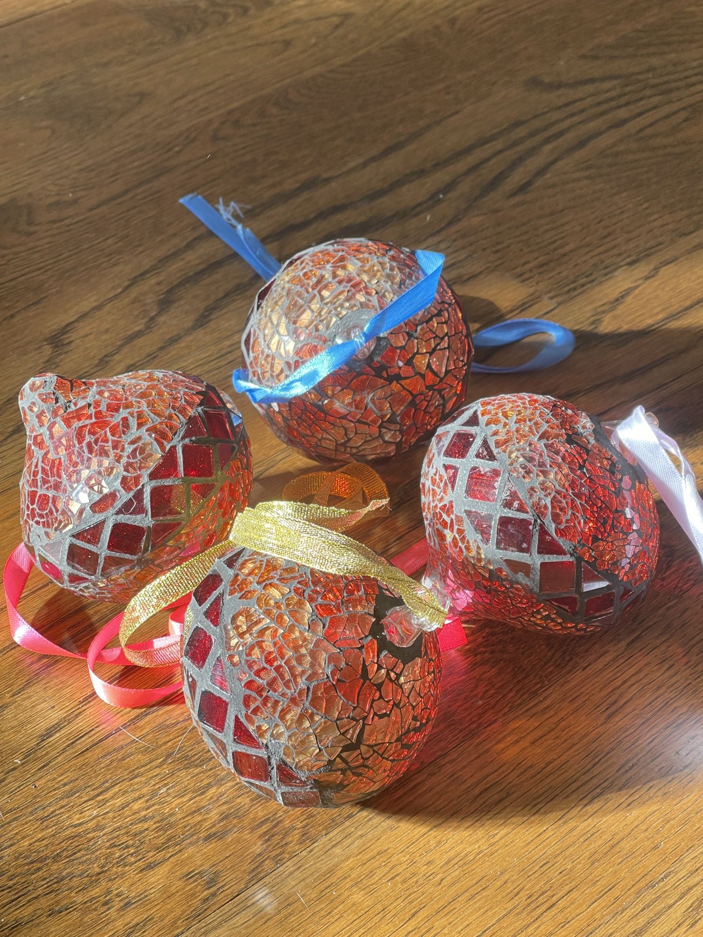 Lot of 4 Vintage Christmas ornament Red Glass Mosaic BALL Tree Ornament Holiday