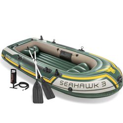 INTEX Seahawk Inflatable Boat Series: Includes Deluxe Aluminum Oars and High-Output Pump – SuperStrong PVC – Fishing Rod Holders – Heavy Duty Grab Han