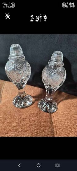 Gorgeous Vintage Tall Footed Cut Crystal Salt & Pepper Shaker Set Twist Caps 6.25"