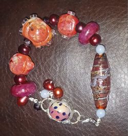 Unique My Favorite Lampwork, Agates, Garnet, 925ss 8" Bracelet