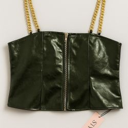 Olive Green Faux Leather Crop Top with Gold Chain Straps – Trendy Clubwear