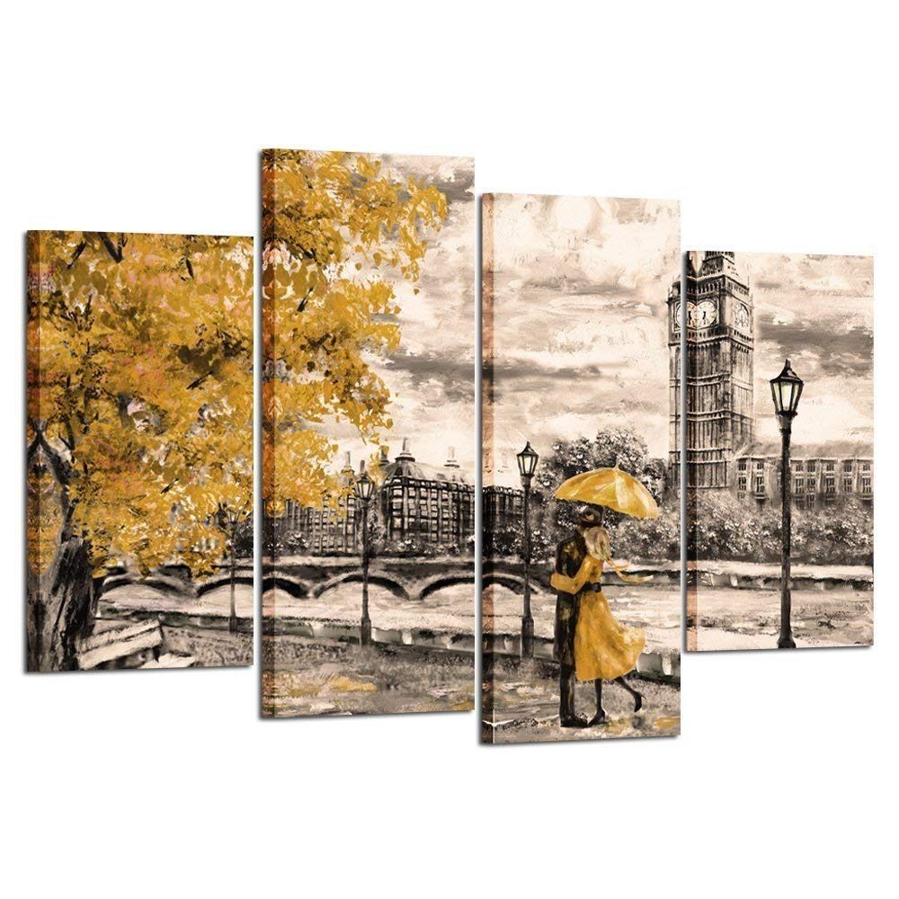 Kreative Arts 4pcs Canvas Prints Contemporary Wall Art Yellow Umbrella Couple In Street Big Ben Oil Painting Printed On Canvas Romantic Picture Framed