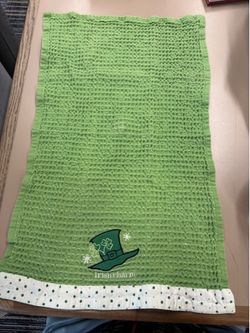 Green/White Cotton Waffle Weave Hand Towel, Embroidered Irish Charm Polka Dot