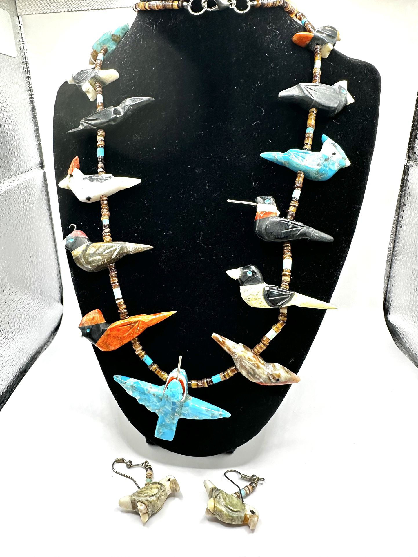 Matt Mitchell Bird 30'' Hummingbird  Carved Natural Stones Silver Necklace Gemstone Jewelry