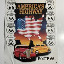 Vintage 1995 Route 66 Americas Highway Metal Classic Hot Rod Sign 