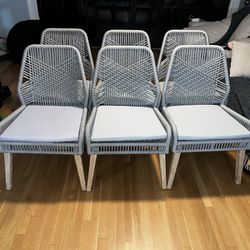 Woven-Back Dining Chairs with Grey Foam Cushions and Wash Finish, Sturdy Mango Wood Legs