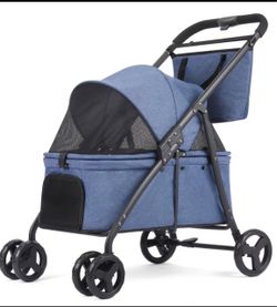 Blue Foldable Pet Stroller with Canopy