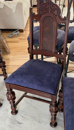 Dark Wood Carved Dining Chair with Blue Upholstery