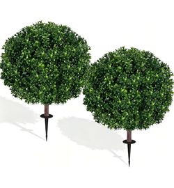 27.5" Artificial Boxwood Topiary Ball Tree, Set of 2 Fake Bushes Shrubs with Ground Spike, UV Resistant Faux Evergreen Boxwood Trees for Front Porch P