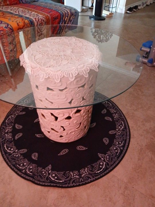 Off-White Ceramic Stool with Removable Glass Top