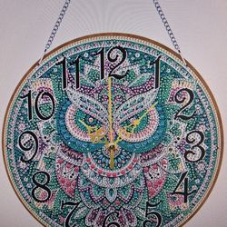 Diamond painting art kit hanging owl clock DIY with rhinestone crystals