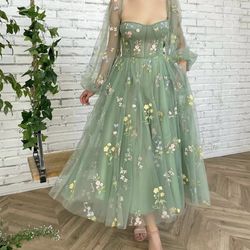 Tulle Flower Embroidery Puffy Sleeve Dress Sage Green