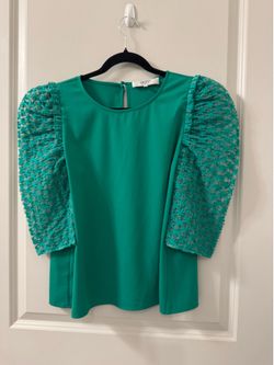 Crosby By Mollie Burch Green Embroidered Puff Sleeve Floral Mesh Top Medium EUC