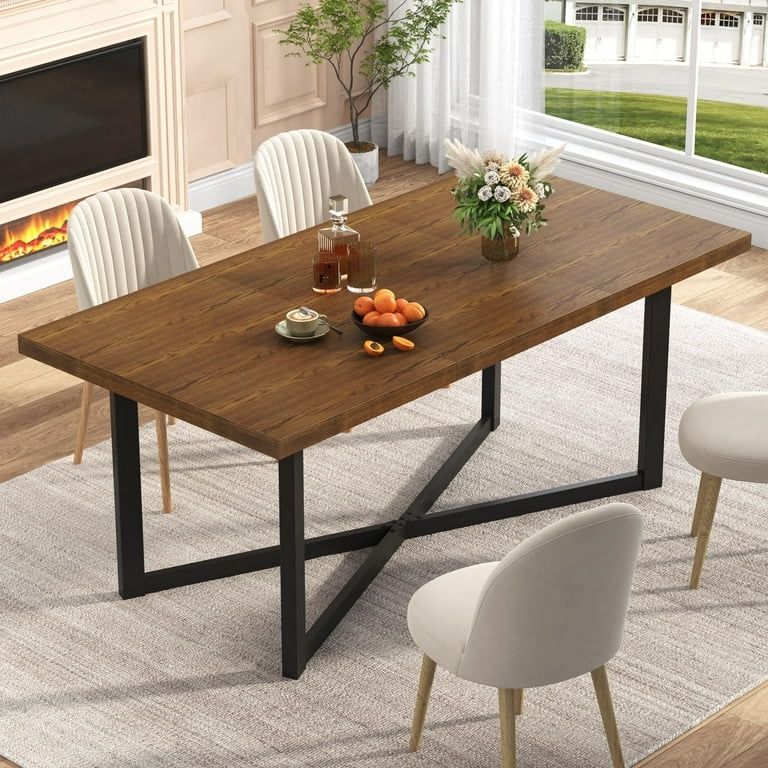 Blotout 71"x 36" Solid Wood Dining Table for 6-8 People, Rustic Farmhouse Large Dinner Table, X-Shaped Metal Legs, Rectangular Kitchen Table, Office, 