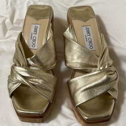 JIMMY CHOO, LONDON, Avenue Metallic Leather Wedge. Authentic.