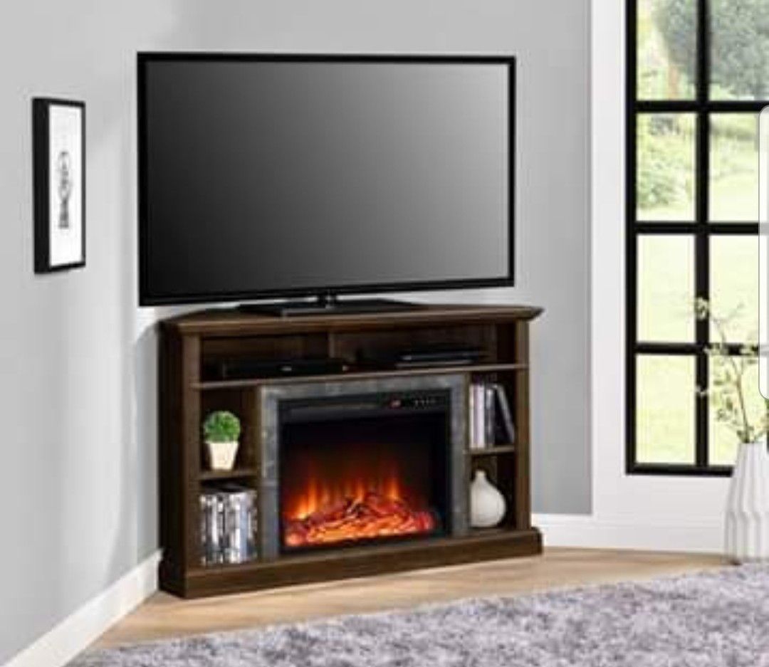 Electric Corner Fireplace TV Stand Holds up to 50" With Storage Shelves Wooden Living Room Decor
