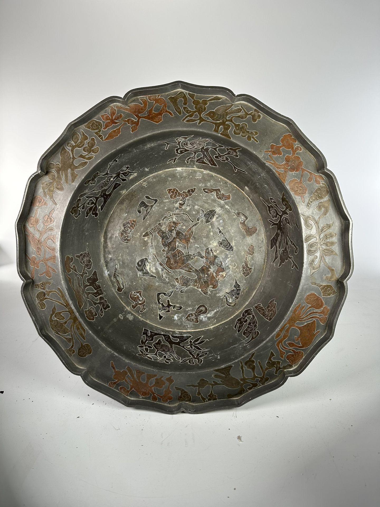Antique Chinese Pewter Basin Inlaid W Brass & Copper Scholar Fish Qing Dynasty