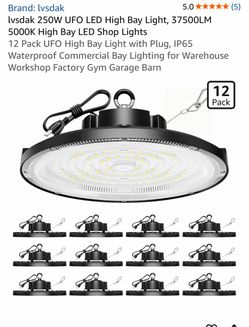 lvsdak 250W UFO LED High Bay Light, 37500LM 5000K High Bay LED Shop Lights 12 Pack UFO High Bay Light with Plug, IP65 Waterproof Commercial Bay Lighti