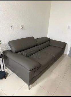 Gray Leather Sofa with Adjustable Headrests