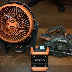 Rigid 18 volt Bluetooth radio circular saw plus rigid fan