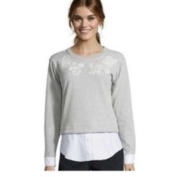 Marchesa Voyage Gray Embroidered layer sweatshirt long sleeves size M MSRP $325