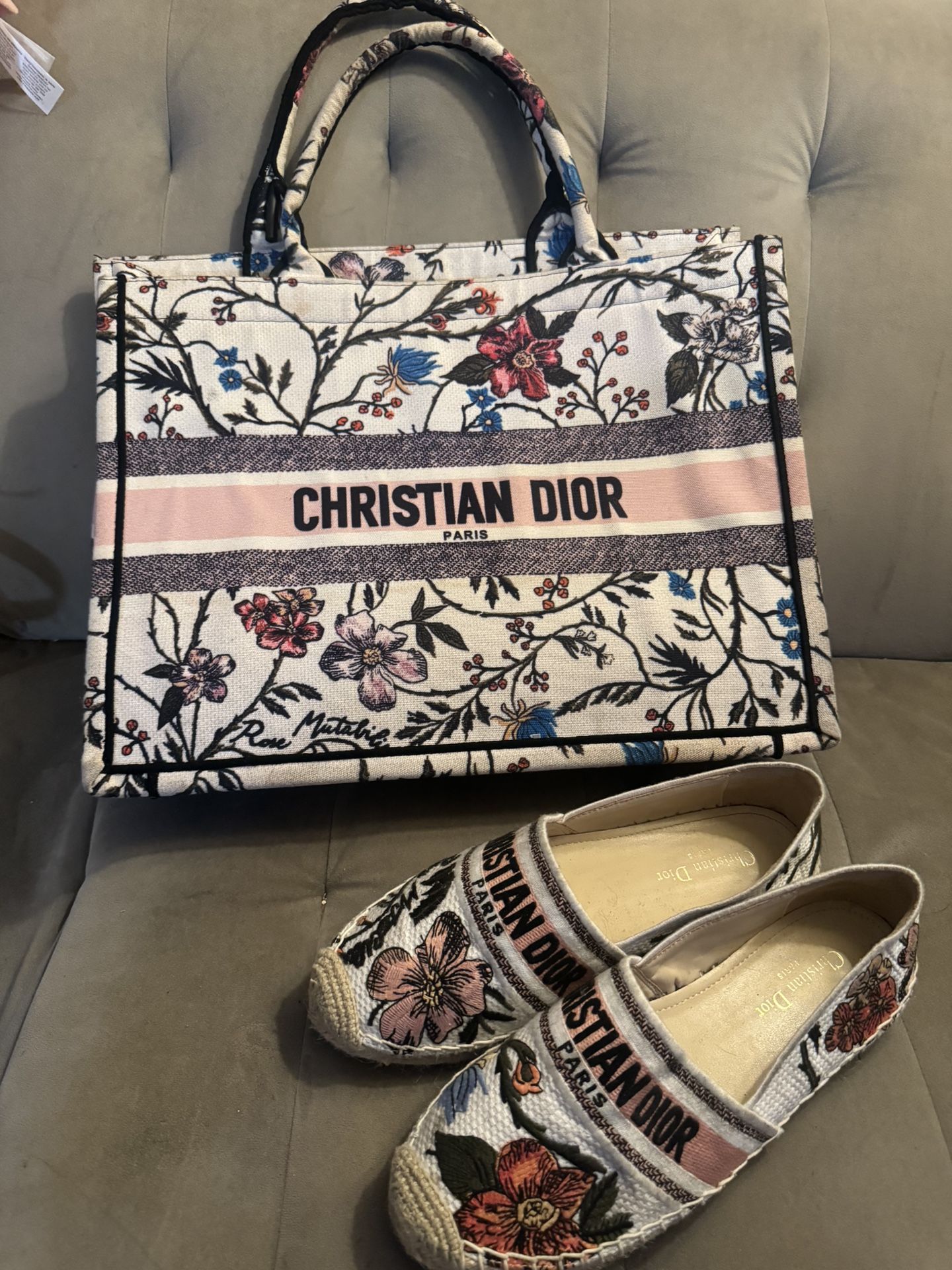 Dior White Rose Embroidery Book Bag & Matching Shoes