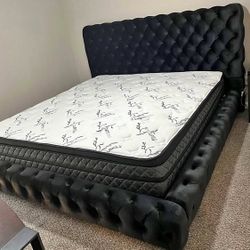 King Queen velvet black Platform bed frame