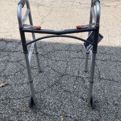 Walker, front wheels, two button deluxe folding Walker, 350 lbs weight capacity 