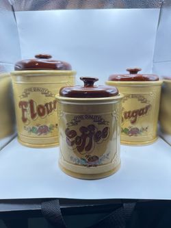 Vintage Asake Japan Stoneware Canister Set of 3 Flour Sugar Coffee 1970s Retro