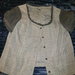 Shirt Woman's Capped Sleeve Large Dark Grey And Black Pinstripe 