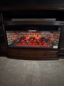 Large Dark Wood Entertainment Center with Working Electric Fireplace and Heater