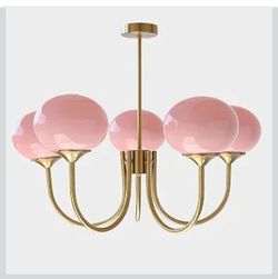 5-Light Pink Glass Ceiling Light Brass Gold