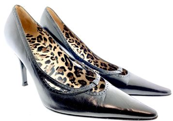 Dolce and Gabbana ITALY Black Leather Shoes Heels - Leopard print insole - 37.5