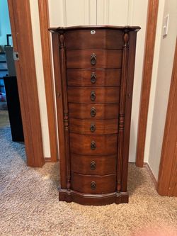 Tall Wooden Jewelry Armoire with Drawers