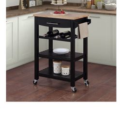 USED! 4 Tier Kitchen Cart with Drawer and Wine Rack, 24.75", Black/Butcher Block