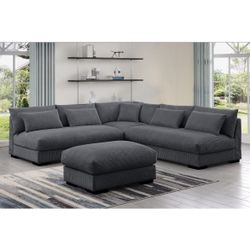 New! Deep Seating Couch, Sectional, Sofa, Grey Sectional, Dark Grey Couch, Plush Sectional Sofa And Ottoman, Sectionals, Sofa, Couch, Corduroy Sofa Di