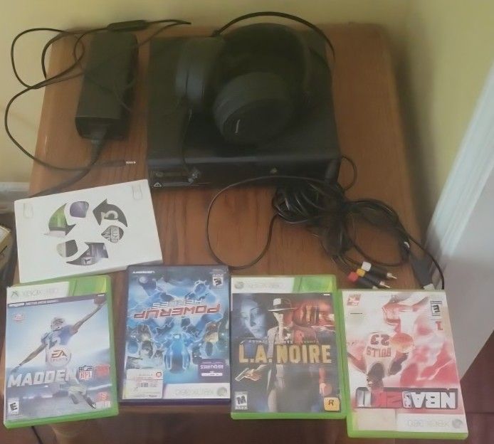 2 Xbox 360 Console Bundle – 5 Games, Red Controller, Headset & Cables – Kinect Compatible