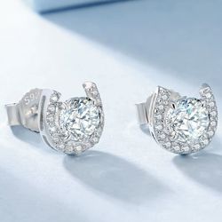 Horseshoe Design Moissanite 925 Sterling Silver White Gold Plated Diamond Stud Earrings