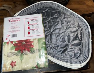 NIP Vinyl Flannel Back 60” Round Tablecloth Poinsettia + 4 Silver Place Settings